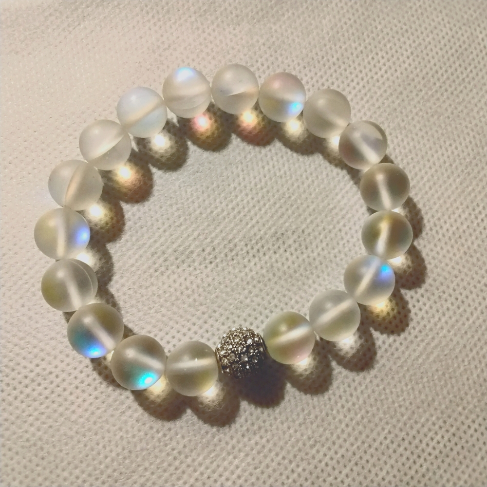 Moonstone Iridescent Glass Bead Bracelet w/ Cubic Zicon Bead & Stretch Band